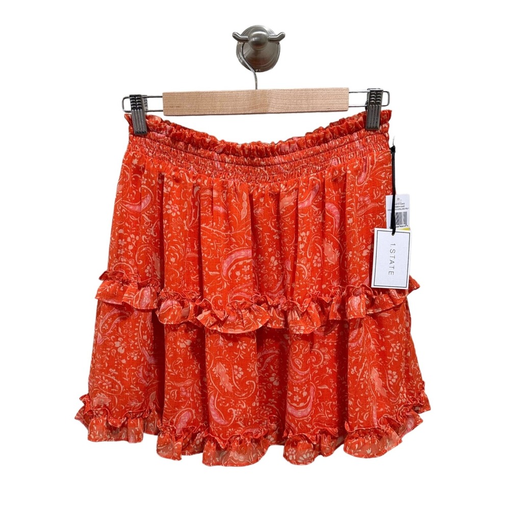 1. STATE Womens Size M Tiered Mini Skirt Orange Paisley Smocked Waist Ruffle NEW
